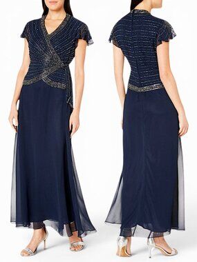 J Kara Navy V-Neck Cap Flutter Sleeve Beaded Side Tie Chiffon Gown New NWT 8